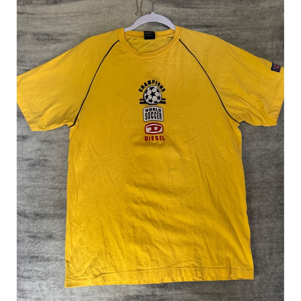 Diesel World Soccer Champions Graphic T-Shirt Yellow Mens Size F Raglan Vintage